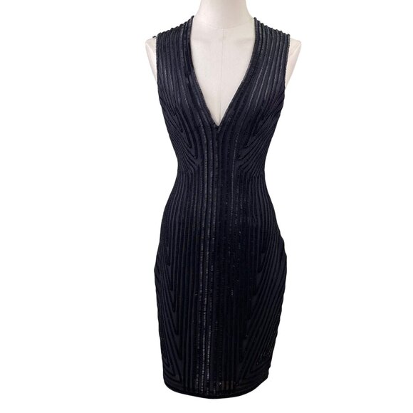 Herve Leger Womens Black Sleeveless Geometric Beaded Dress Evening Wear Sz XS